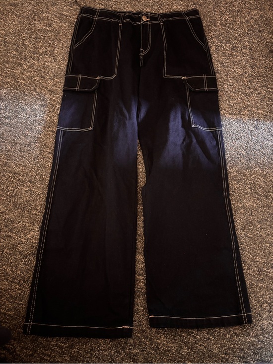 True Religion Denim - True Religion Black Wide-Leg Cargo Jeans with White Stitching